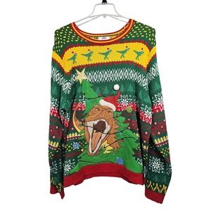 Holiday Time Sweater T-Rex Dinosaur Ugly Christmas Green Mens 2XL
